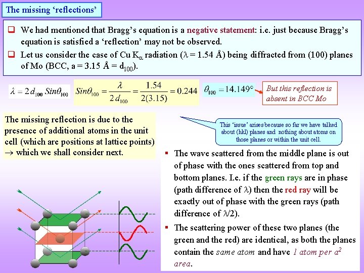 The missing ‘reflections’ q We had mentioned that Bragg’s equation is a negative statement: The missing ‘reflections’ q We had mentioned that Bragg’s equation is a negative statement: