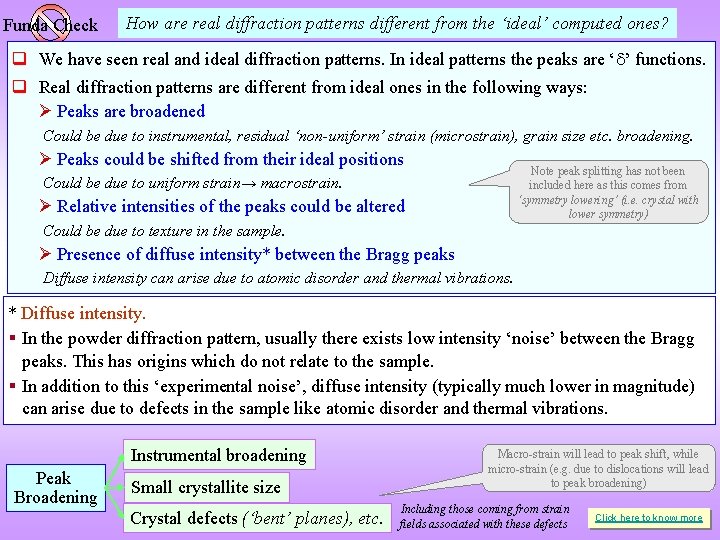 Funda Check How are real diffraction patterns different from the ‘ideal’ computed ones? q Funda Check How are real diffraction patterns different from the ‘ideal’ computed ones? q