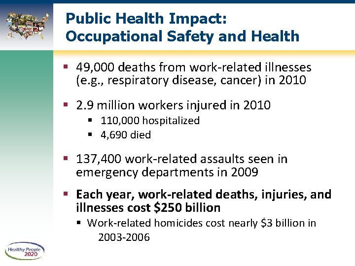 Public Health Impact: Occupational Safety and Health 49, 000 deaths from work-related illnesses (e.