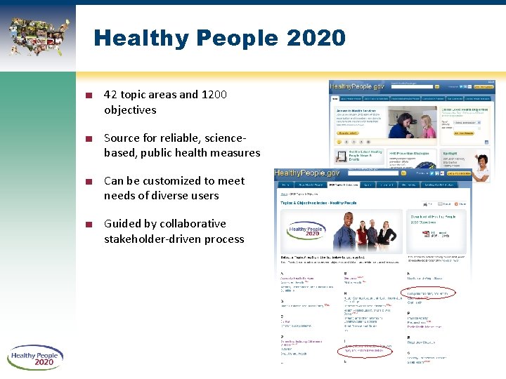 Healthy People 2020 ■ 42 topic areas and 1200 objectives ■ Source for reliable,