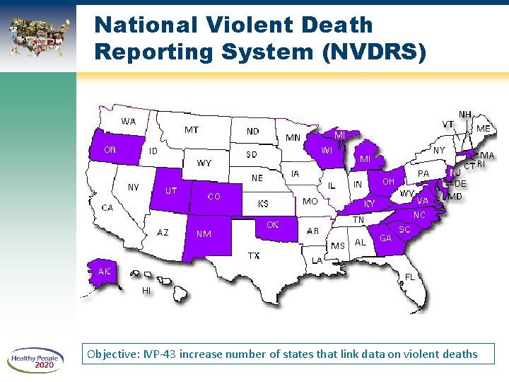National Violent Death Reporting System (NVDRS) Objective: IVP-43 increase number of states that link