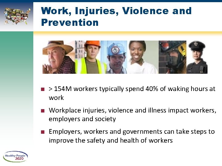 Work, Injuries, Violence and Prevention ■ > 154 M workers typically spend 40% of