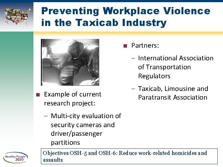 Preventing Workplace Violence in the Taxicab Industry ■ Partners: – International Association of Transportation