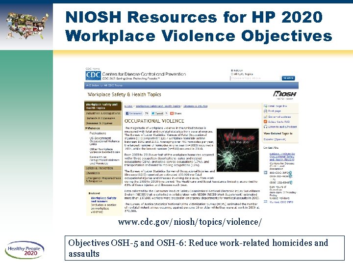 NIOSH Resources for HP 2020 Workplace Violence Objectives www. cdc. gov/niosh/topics/violence/ Objectives OSH-5 and