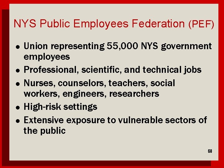 NYS Public Employees Federation (PEF) l l l Union representing 55, 000 NYS government