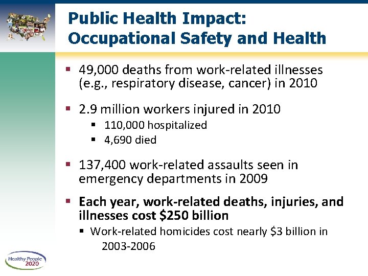 Public Health Impact: Occupational Safety and Health 49, 000 deaths from work-related illnesses (e.