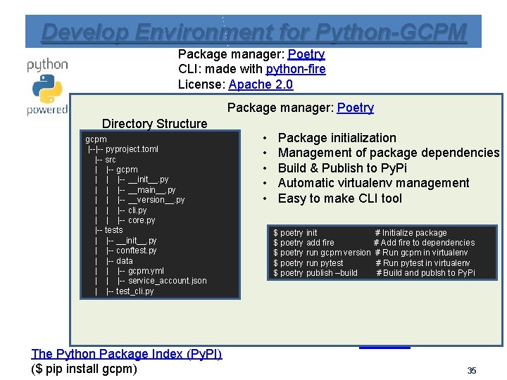 Develop Environment for Python-GCPM Package manager: Poetry CLI: made with python-fire License: Apache 2.