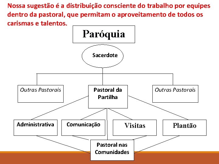 Nossa sugestão é a distribuição consciente do trabalho por equipes dentro da pastoral, que