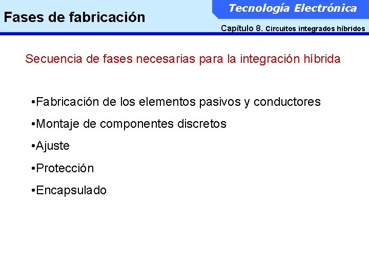 Fases de fabricación Tecnología Electrónica Capítulo 8. Circuitos integrados híbridos Secuencia de fases necesarias