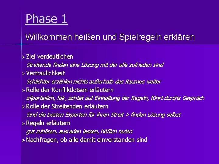 Phase 1 Willkommen heißen und Spielregeln erklären Ø Ziel verdeutlichen Streitende finden eine Lösung