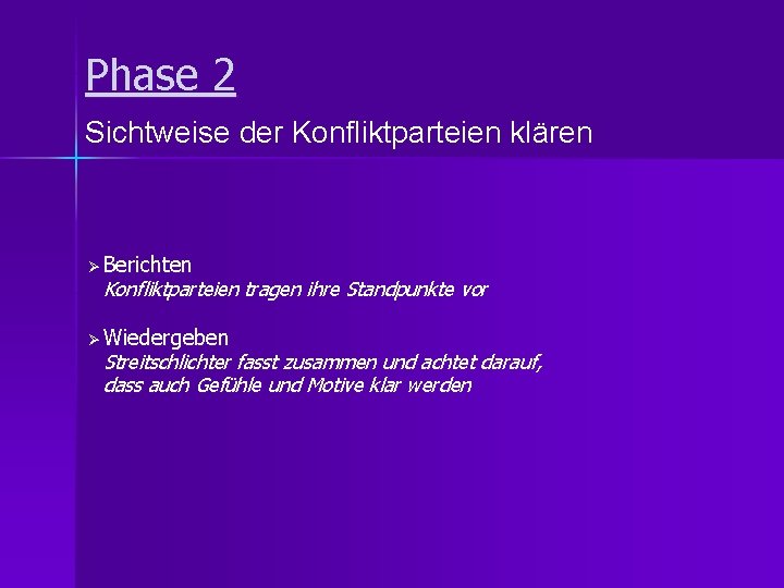 Phase 2 Sichtweise der Konfliktparteien klären Ø Berichten Konfliktparteien tragen ihre Standpunkte vor Ø