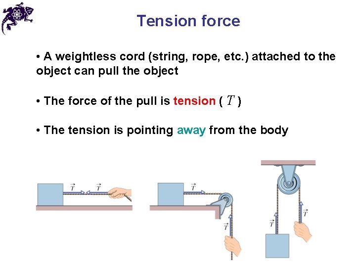 Tension force • A weightless cord (string, rope, etc. ) attached to the object