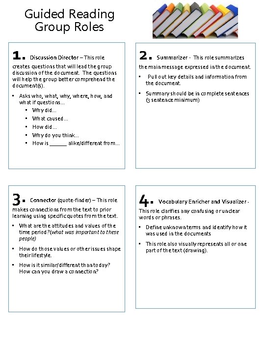 Guided Reading Group Roles 1. Discussion Director – This role creates questions that will