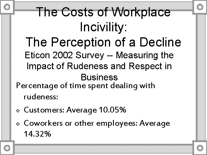 The Costs of Workplace Incivility: The Perception of a Decline Eticon 2002 Survey --