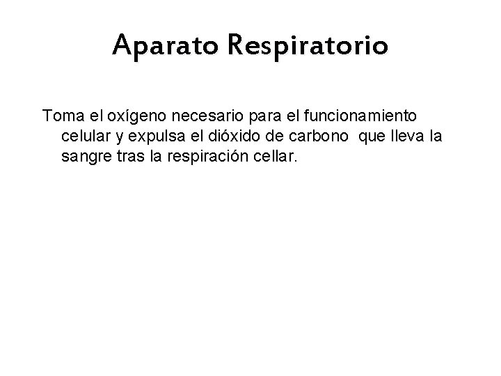 Aparato Respiratorio Toma el oxígeno necesario para el funcionamiento celular y expulsa el dióxido