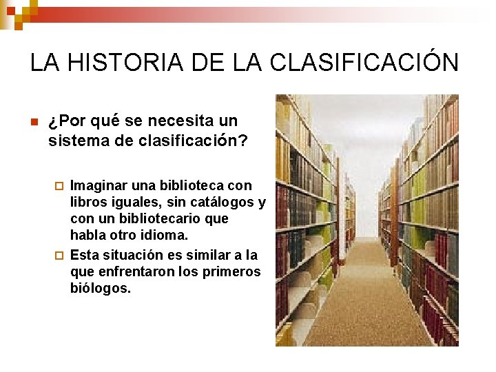 LA HISTORIA DE LA CLASIFICACIÓN n ¿Por qué se necesita un sistema de clasificación? LA HISTORIA DE LA CLASIFICACIÓN n ¿Por qué se necesita un sistema de clasificación?