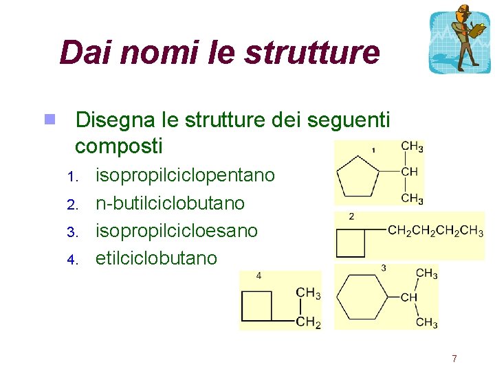 Dai nomi le strutture Disegna le strutture dei seguenti composti 1. 2. 3. 4.