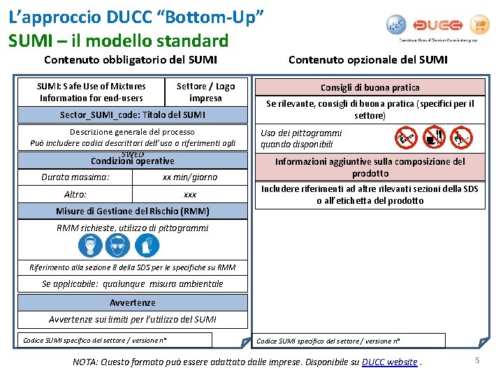 L’approccio DUCC “Bottom-Up” SUMI – il modello standard Contenuto obbligatorio del SUMI: Safe Use