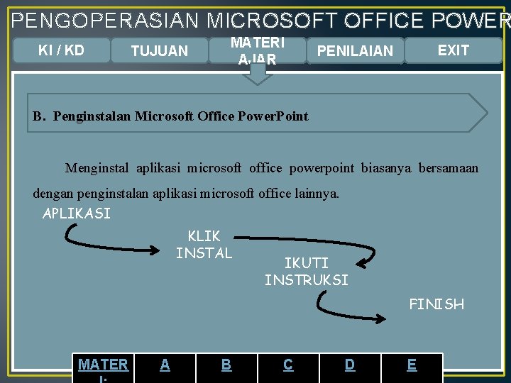 PENGOPERASIAN MICROSOFT OFFICE POWER KI / KD TUJUAN MATERI AJAR EXIT PENILAIAN B. Penginstalan