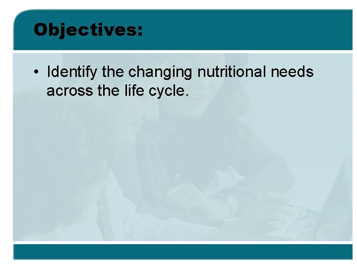 Objectives: • Identify the changing nutritional needs across the life cycle. 