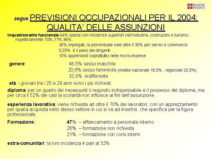 segue PREVISIONI OCCUPAZIONALI PER IL 2004: QUALITA’ DELLE ASSUNZIONI inquadramento funzionale 64% operai con