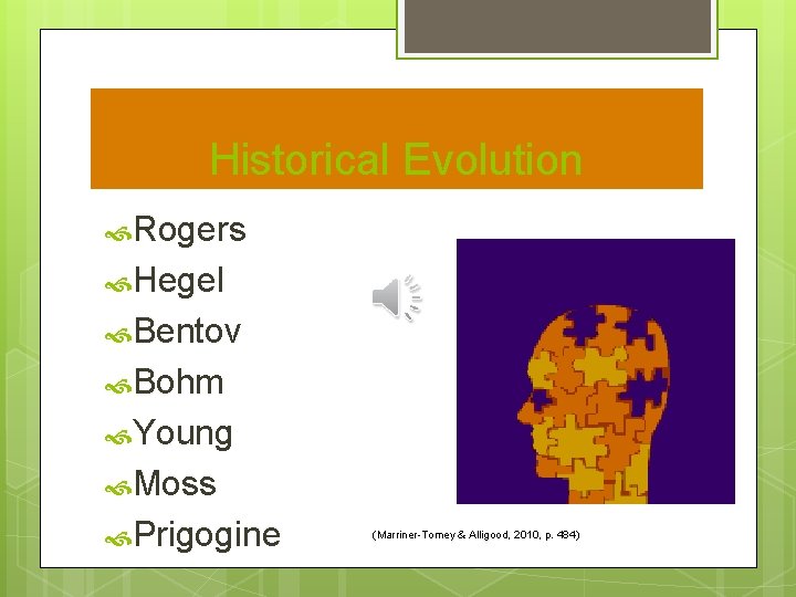 Historical Evolution Rogers Hegel Bentov Bohm Young Moss Prigogine (Marriner-Tomey & Alligood, 2010, p.