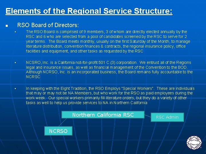 Elements of the Regional Service Structure: RSO Board of Directors: n • The RSO