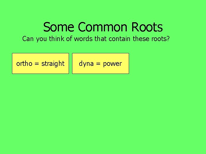 Some Common Roots Can you think of words that contain these roots? ortho =