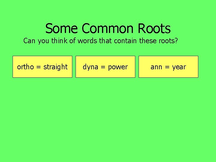 Some Common Roots Can you think of words that contain these roots? ortho =