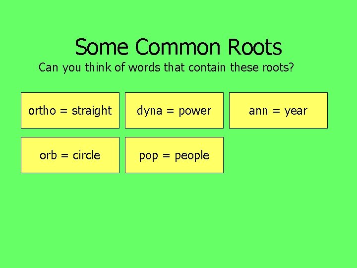 Some Common Roots Can you think of words that contain these roots? ortho =