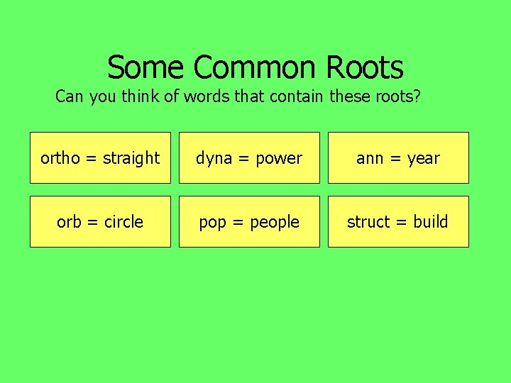 Some Common Roots Can you think of words that contain these roots? ortho =