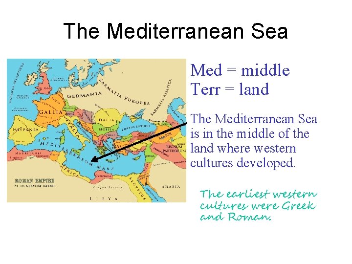 The Mediterranean Sea Med = middle Terr = land The Mediterranean Sea is in