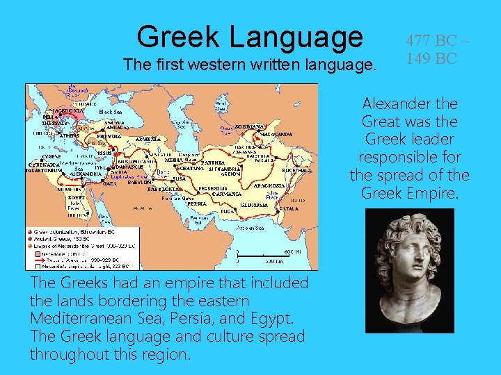 Greek Language The first western written language. 477 BC – 149 BC Alexander the