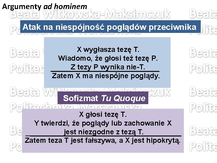 Argumenty ad hominem Atak na niespójność poglądów przeciwnika X wygłasza tezę T. Wiadomo, że Argumenty ad hominem Atak na niespójność poglądów przeciwnika X wygłasza tezę T. Wiadomo, że