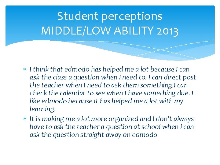 Student perceptions MIDDLE/LOW ABILITY 2013 I think that edmodo has helped me a lot