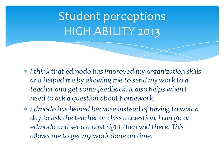 Student perceptions HIGH ABILITY 2013 I think that edmodo has improved my organization skills