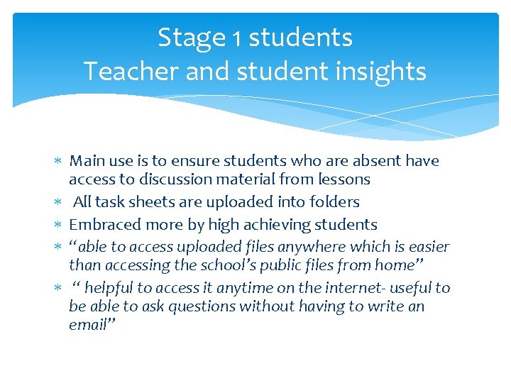 Stage 1 students Teacher and student insights Main use is to ensure students who