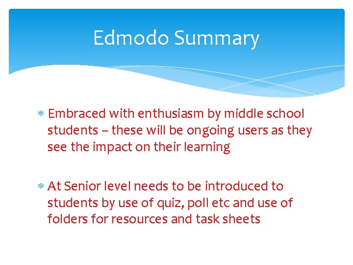 Edmodo Summary Embraced with enthusiasm by middle school students – these will be ongoing