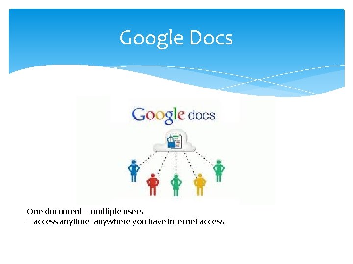 Google Docs One document – multiple users – access anytime- anywhere you have internet