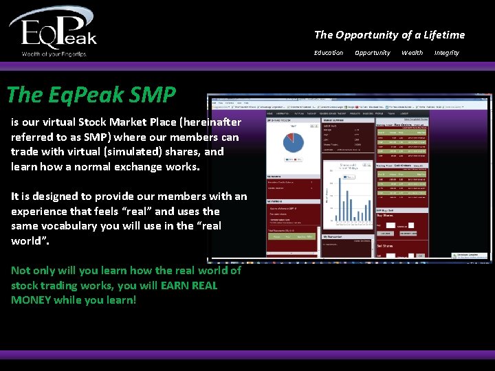 The Opportunity of a Lifetime Education The Eq. Peak SMP is our virtual Stock