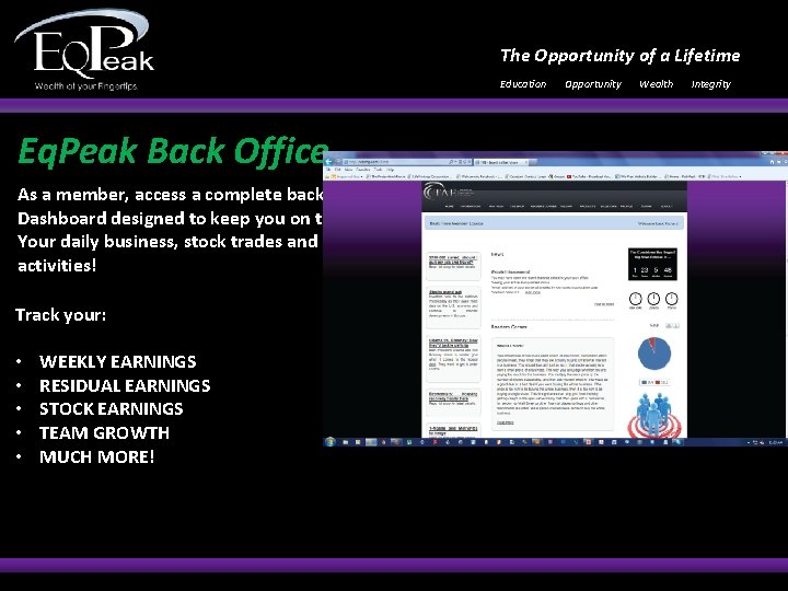 The Opportunity of a Lifetime Education Eq. Peak Back Office As a member, access