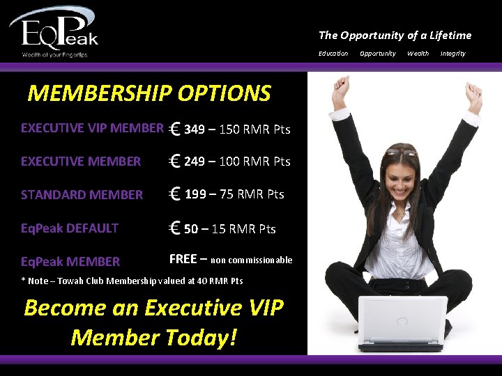 The Opportunity of a Lifetime Education MEMBERSHIP OPTIONS EXECUTIVE VIP MEMBER 349 – 150