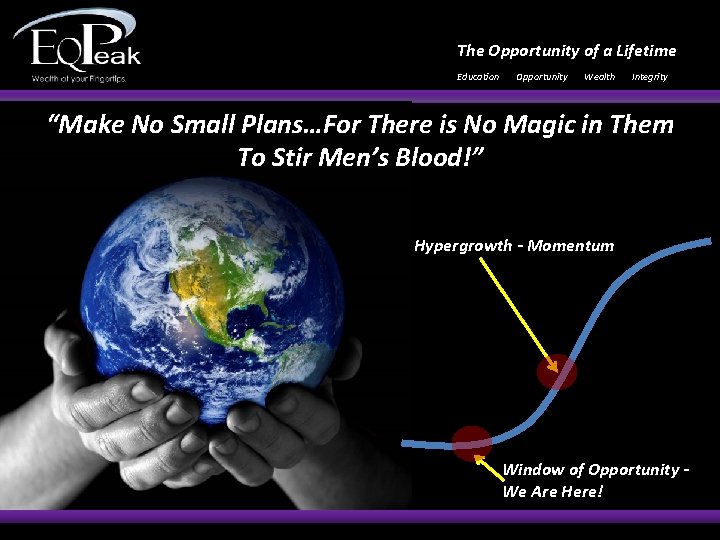 The Opportunity of a Lifetime Education Opportunity Wealth Integrity “Make No Small Plans…For There