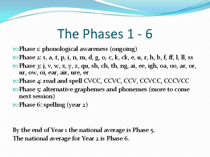 The Phases 1 - 6 Phase 1: phonological awareness (ongoing) Phase 2: s, a,