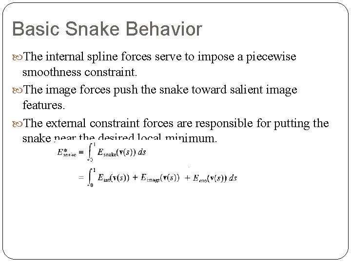 Basic Snake Behavior The internal spline forces serve to impose a piecewise smoothness constraint.