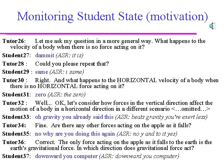 Monitoring Student State (motivation) Tutor 26: Let me ask my question in a more