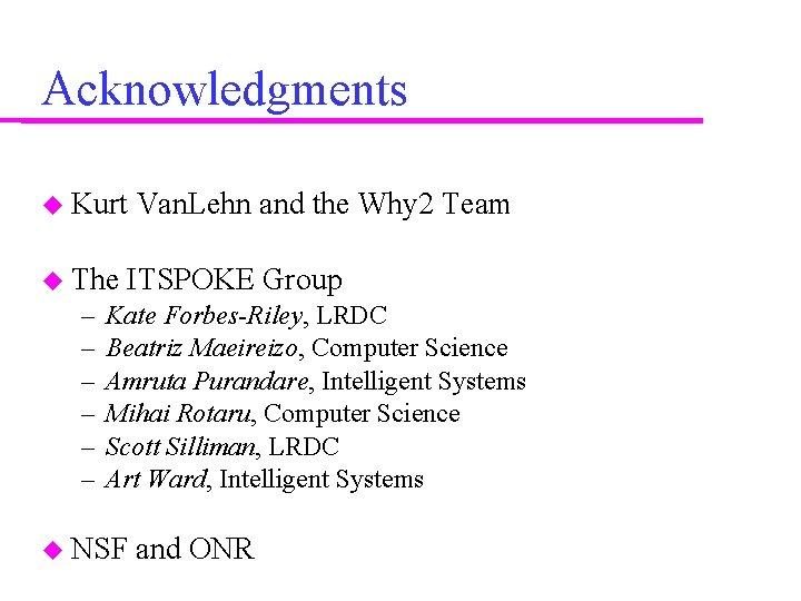 Acknowledgments Kurt The – – – Van. Lehn and the Why 2 Team ITSPOKE