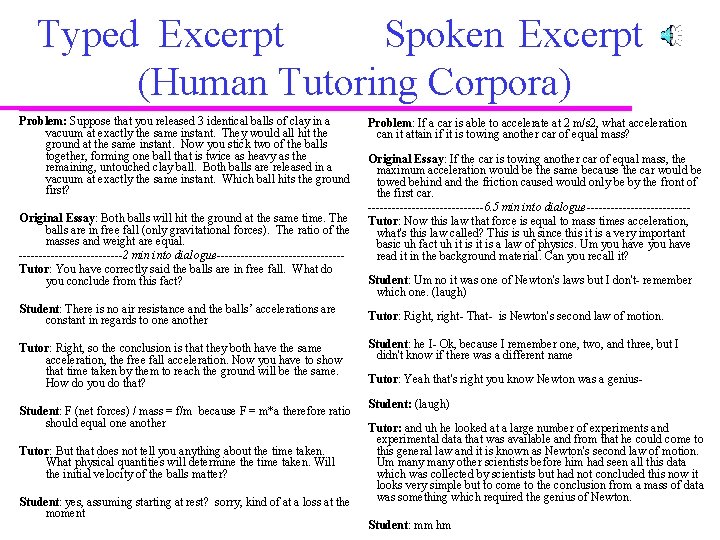 Typed Excerpt Spoken Excerpt (Human Tutoring Corpora) Problem: Suppose that you released 3 identical