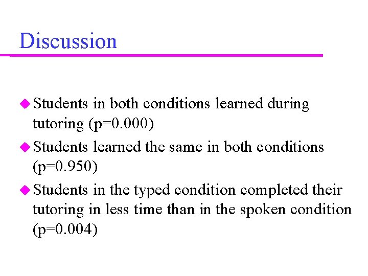 Discussion Students in both conditions learned during tutoring (p=0. 000) Students learned the same