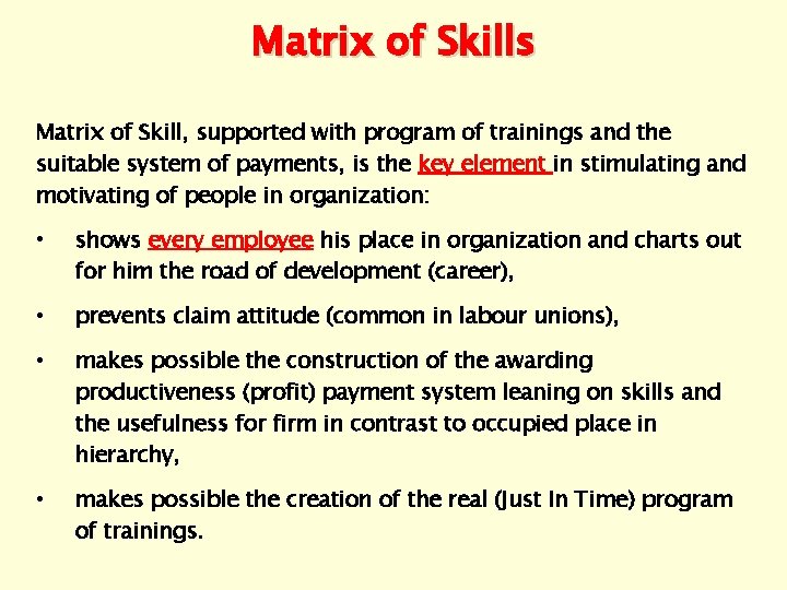 Matrix of Skills Matrix of Skill, supported with program of trainings and the suitable